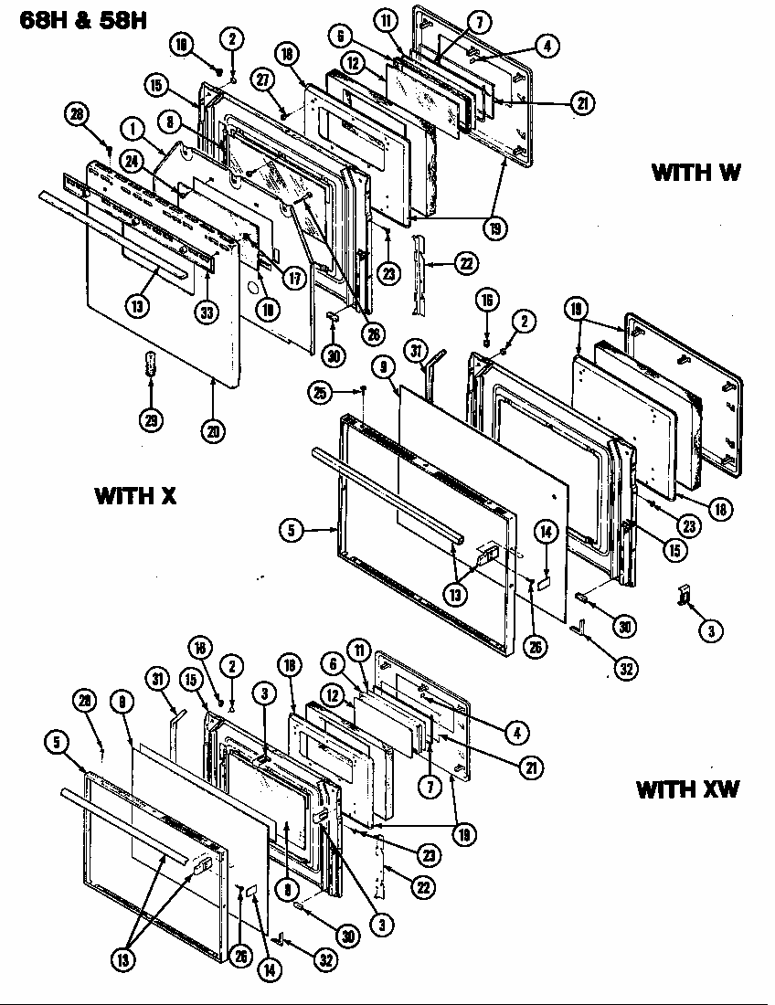 Door Diagram and Parts List for S58H-2CXW  Magic Chef Range