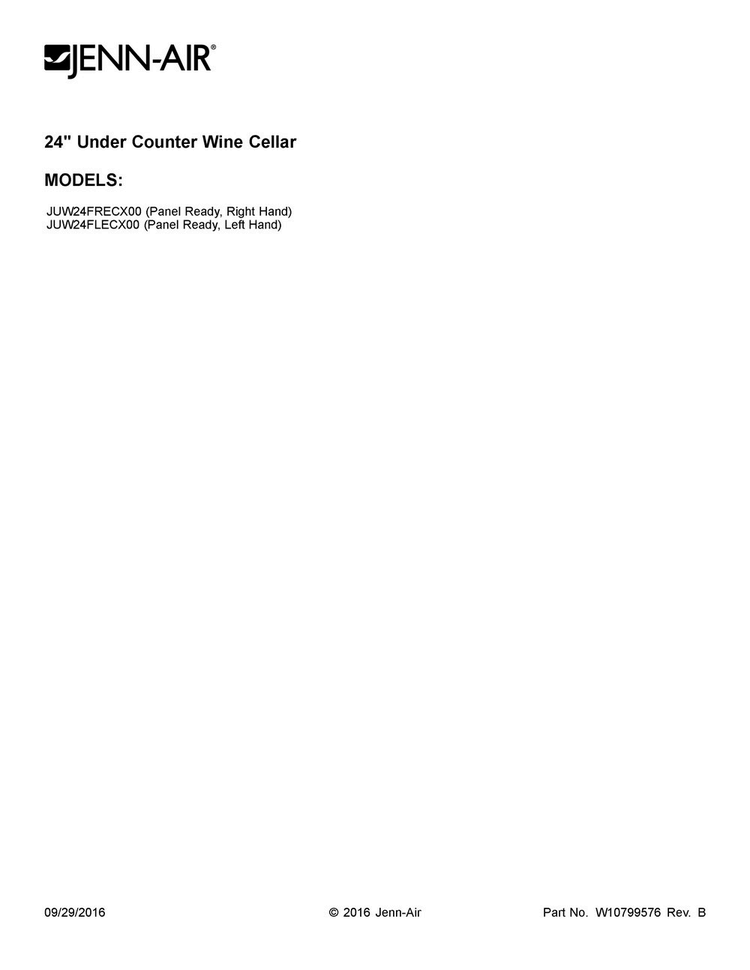 Cover Sheet Diagram and Parts List for JUW24FLECX00  Jenn-Air Wine and Beverage Cooler