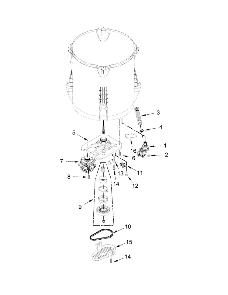 Gearcase, Motor And Pump Parts Diagram and Parts List for MVWC555DW1  Maytag Washer