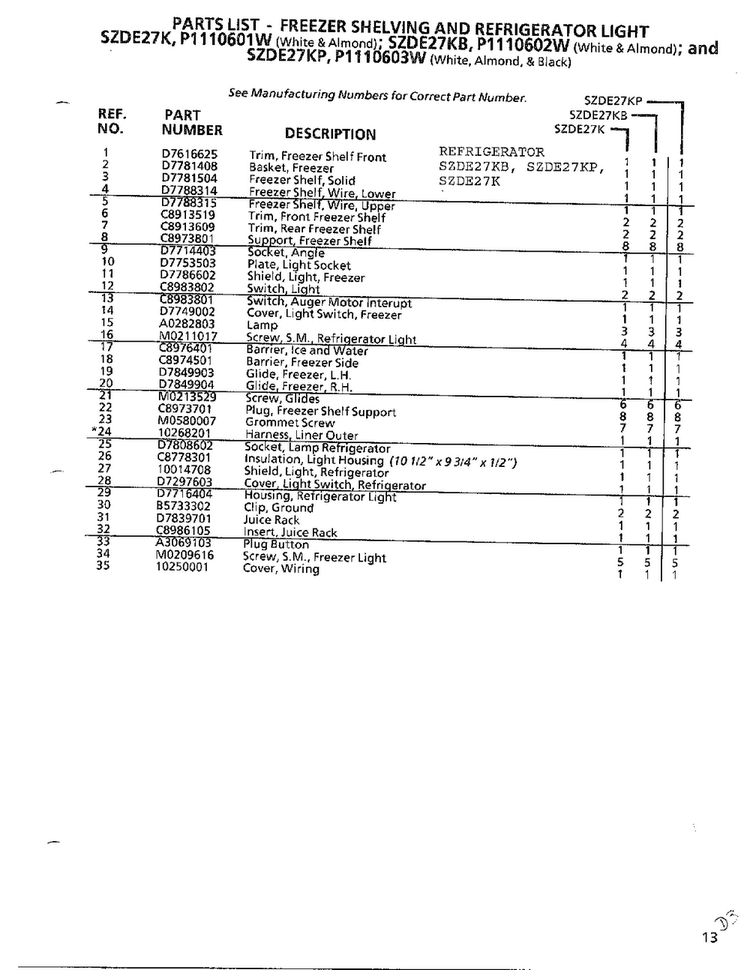 Freezer Shelving And Refrigerator Light Page 2 Diagram and Parts List for SZDE27KB  Amana Refrigerator