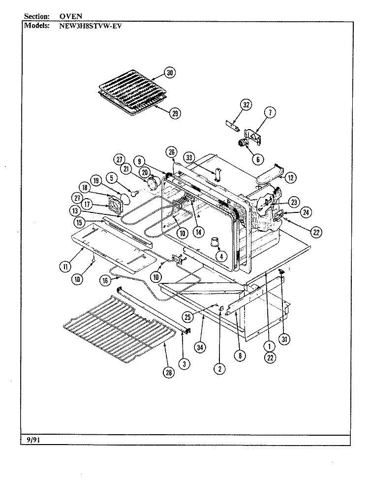 OVEN Diagram and Parts List for NEW3H8STVW-EV  Norge Range