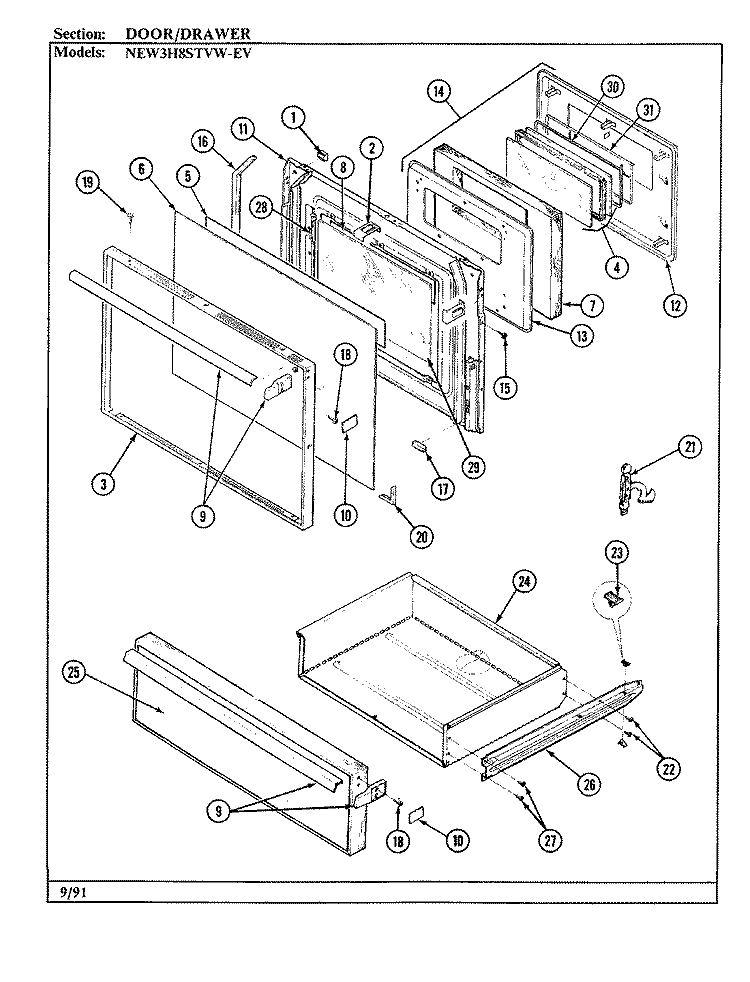 DOOR / DRAWER Diagram and Parts List for NEW3H8STVW-EV  Norge Range
