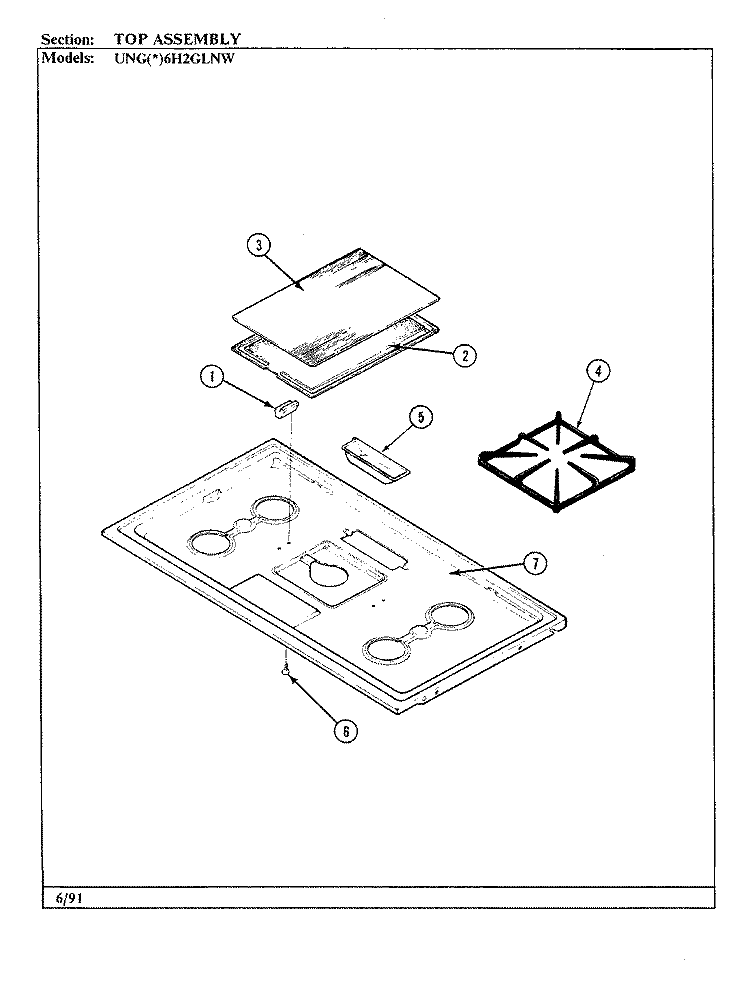 TOP ASSEMBLY Diagram and Parts List for UNGA6H2GLNW  Norge Range