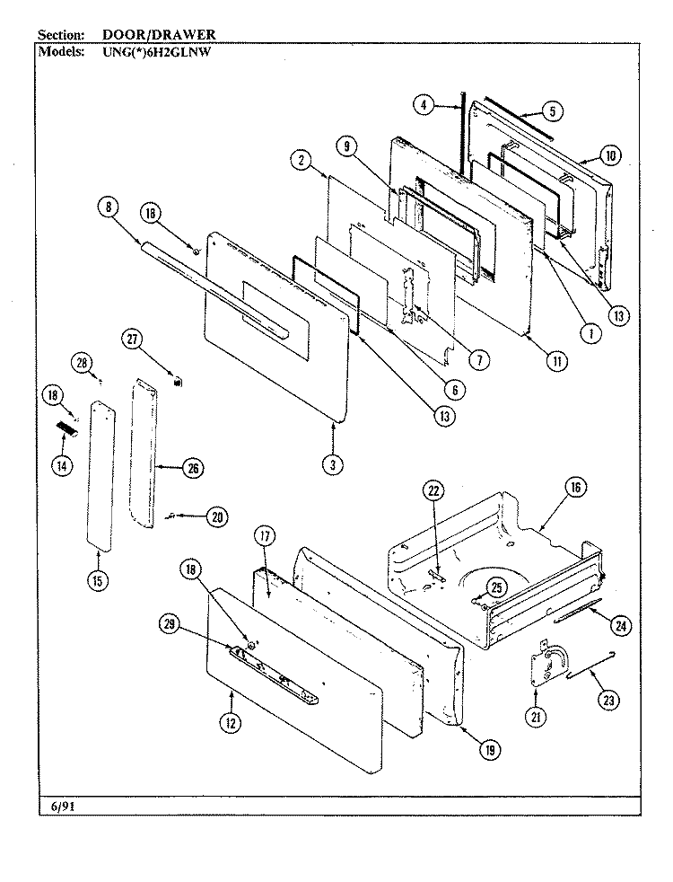 DOOR / DRAWER Diagram and Parts List for UNGA6H2GLNW  Norge Range