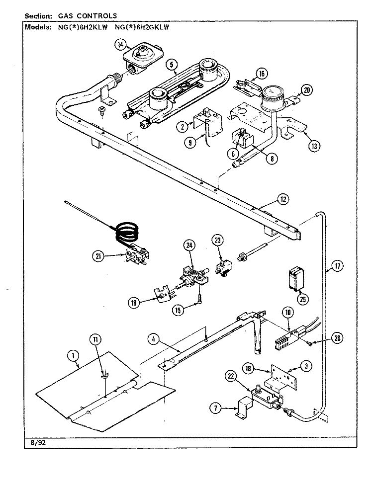 GAS CONTROLS Diagram and Parts List for NGA6H2KLW  Norge Wall Oven