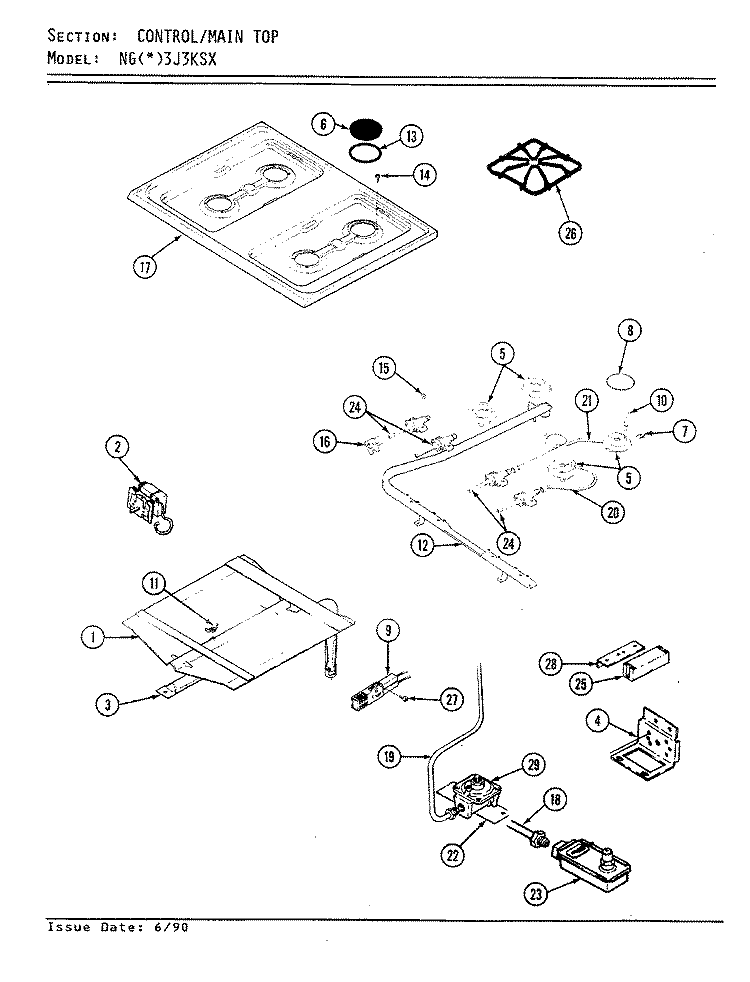 TOP ASSEMBLY Diagram and Parts List for NGW3J3KSX  Norge Range