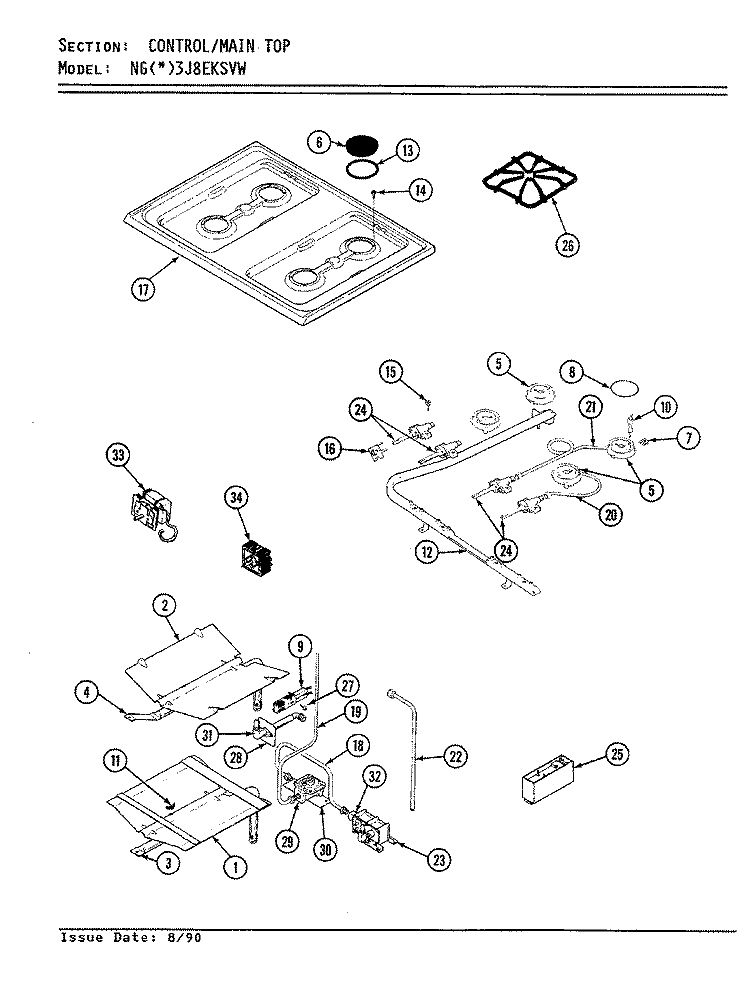 TOP ASSEMBLY Diagram and Parts List for NGW3J8EKSVW  Norge Range