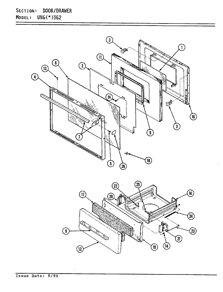 DOOR / DRAWER Diagram and Parts List for UNGA3G2LNX  Norge Range