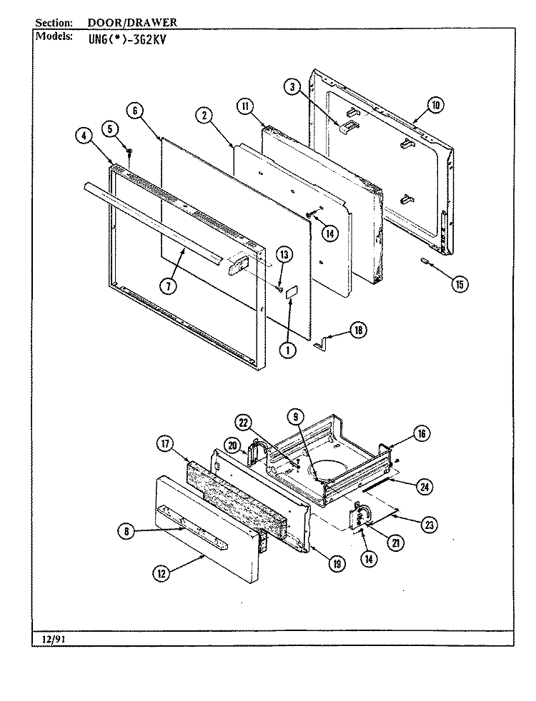 DOOR / DRAWER Diagram and Parts List for UNGA3G2KV  Norge Range