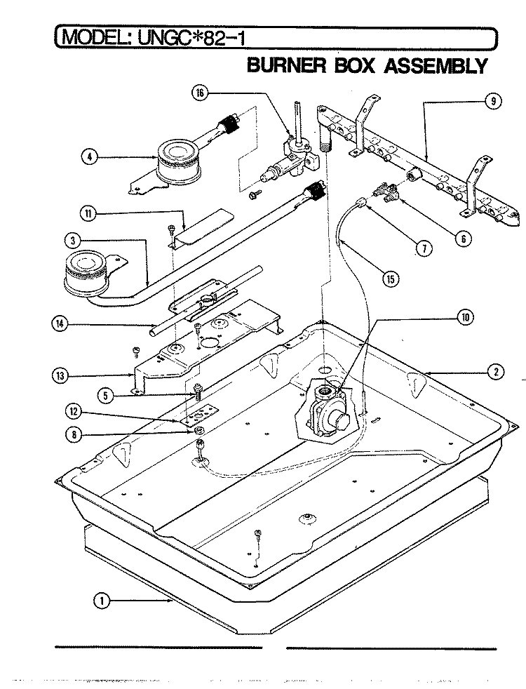 BURNER BOX ASSEMBLY Diagram and Parts List for UNGCW82-1  Norge Cooktop