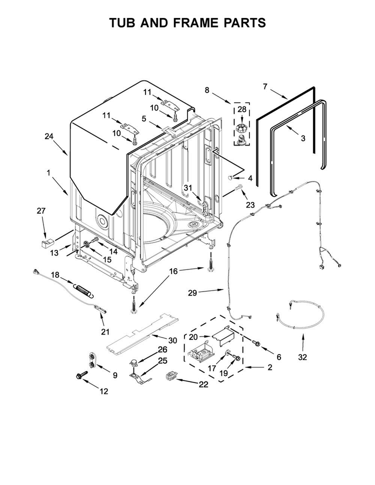 Tub And Frame Parts Diagram and Parts List for JDB9200CWY2  Jenn-Air Dishwasher
