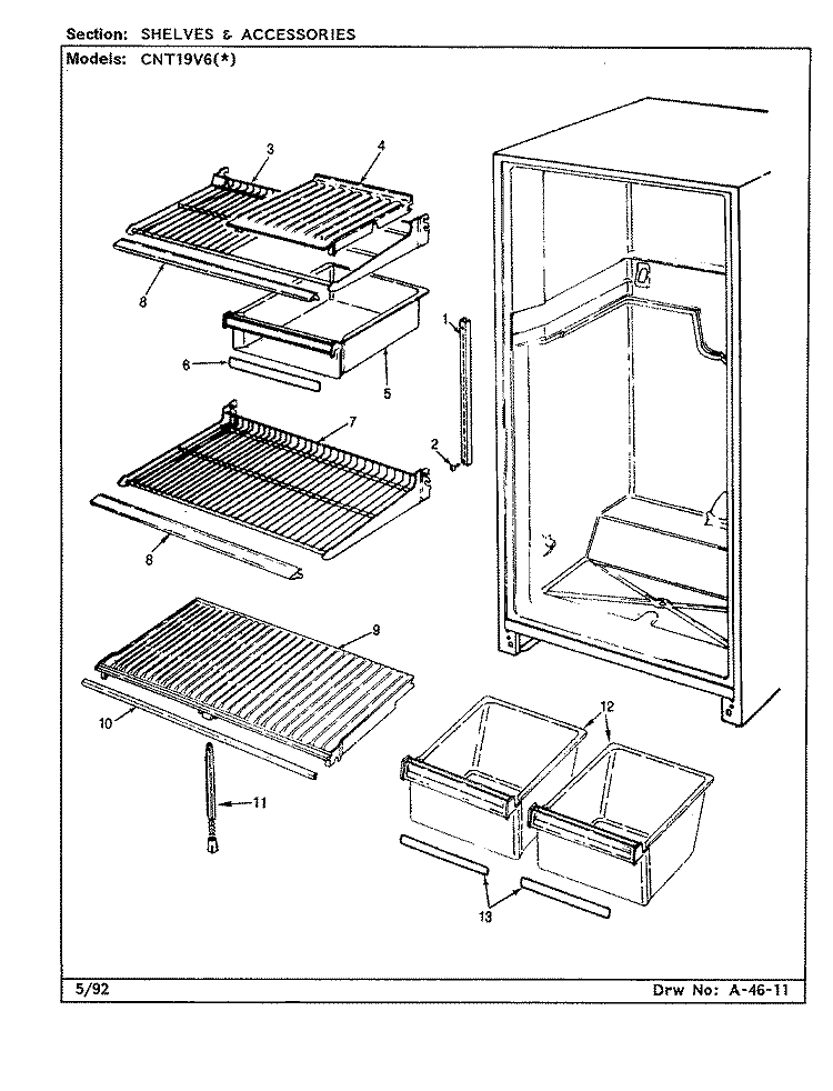 SHELVES & ACCESSORIES Diagram and Parts List for CNT19V6 CC51A Crosley Refrigerator
