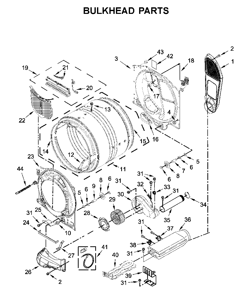 Bulkhead parts Diagram and Parts List for YMED8630HC1  Maytag Dryer