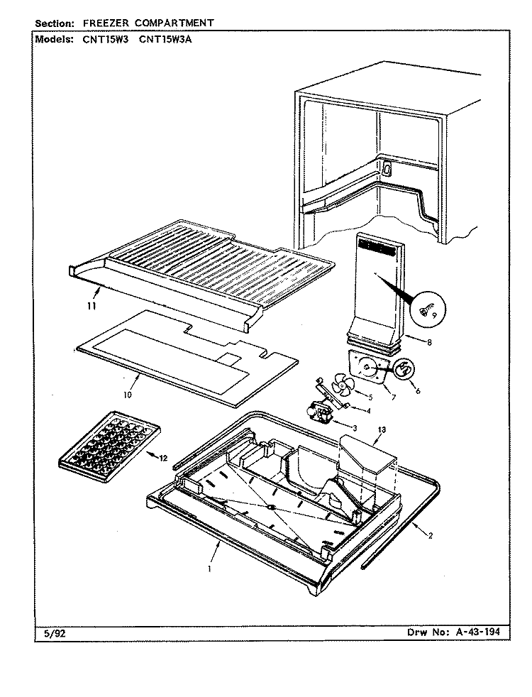 FREEZER COMPARTMENT Diagram and Parts List for CNT15W3A CC13B Crosley Refrigerator