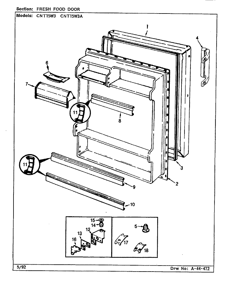 FRESH FOOD DOOR Diagram and Parts List for CNT15W3A CC13B Crosley Refrigerator