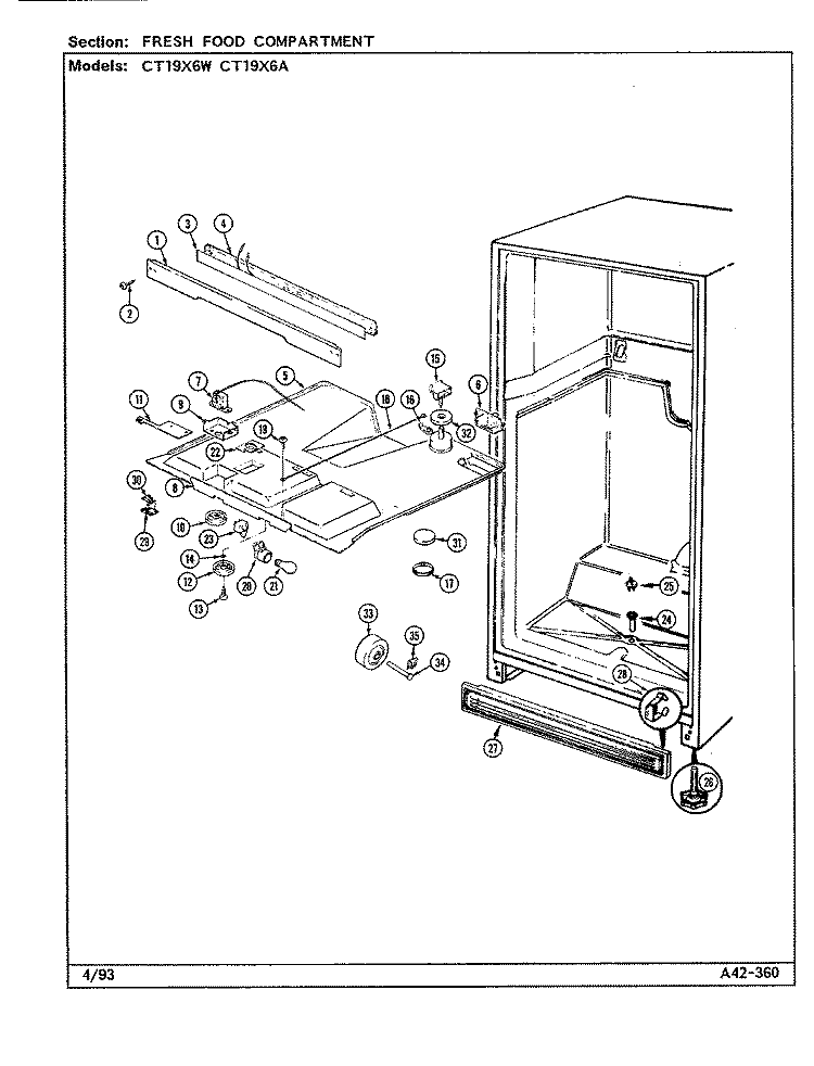 FRESH FOOD COMPARTMENT Diagram and Parts List for CT19X6A DE67A Crosley Refrigerator