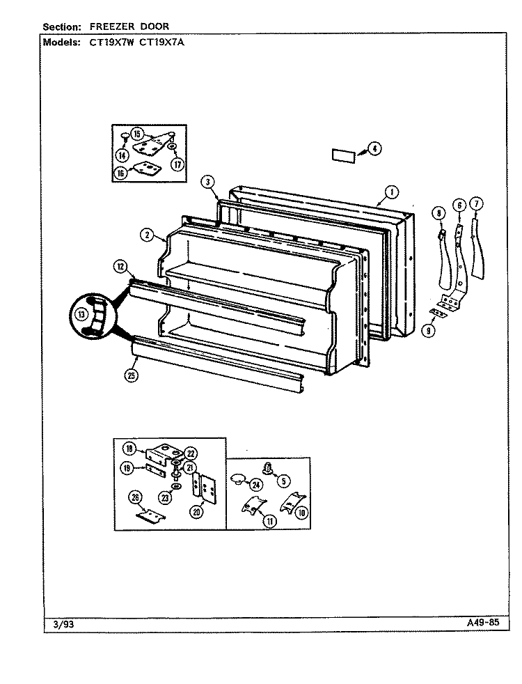 FREEZER DOOR Diagram and Parts List for CT19X7A DE65A Crosley Refrigerator