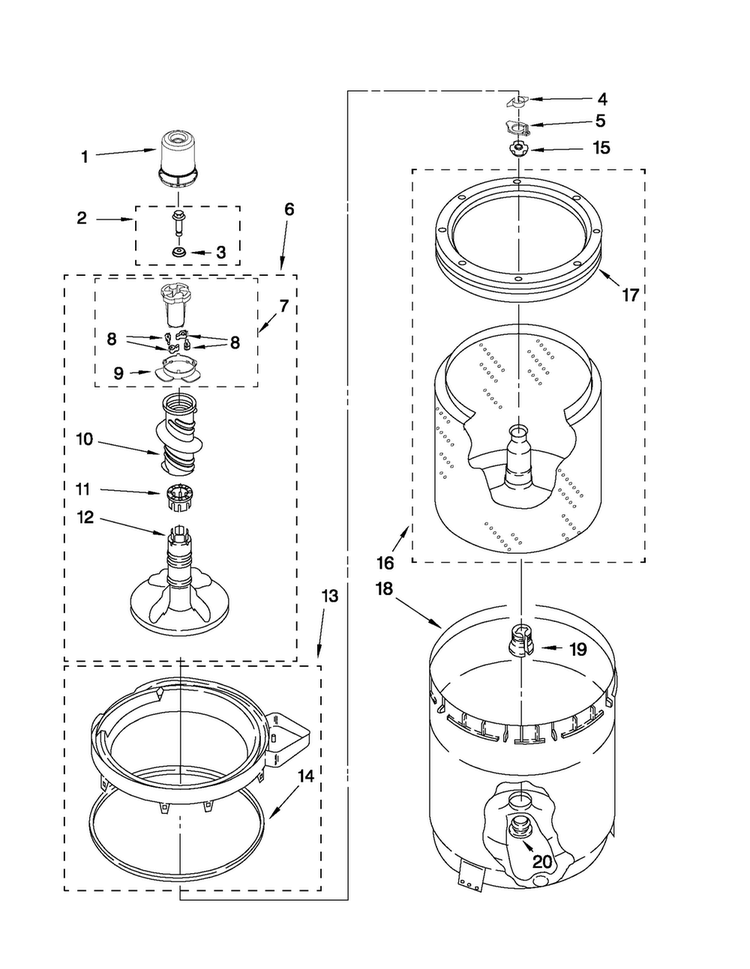 Agitator, Basket And Tub Parts Diagram and Parts List for NTW4880YQ0  Amana Washer