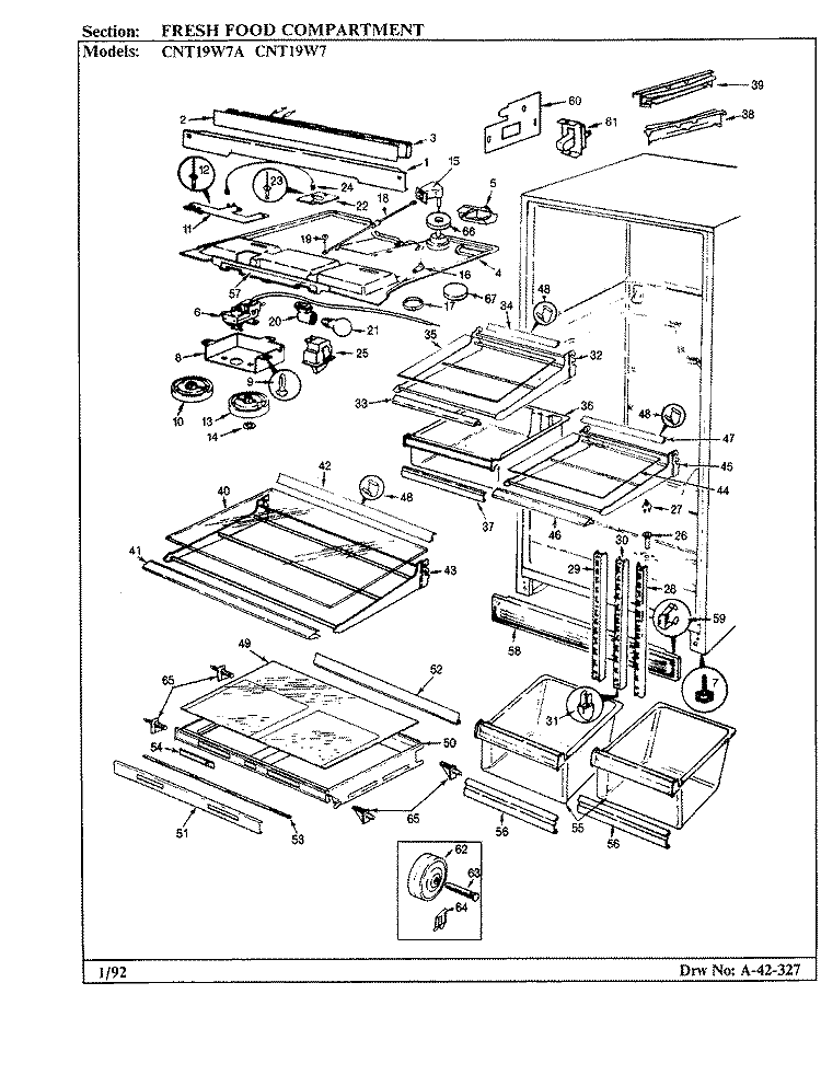 FRESH FOOD COMPARTMENT Diagram and Parts List for CNT19W7A BC56A Crosley Refrigerator