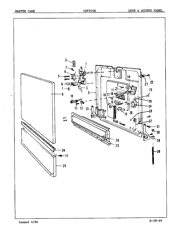 DOOR & ACCESS PANEL Diagram and Parts List for CDP2406  Crosley Dishwasher