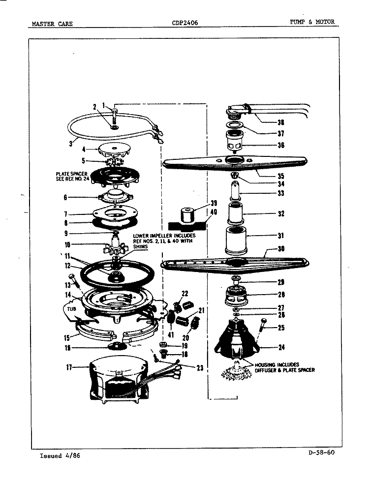 PUMP & MOTOR Diagram and Parts List for CDP2406  Crosley Dishwasher