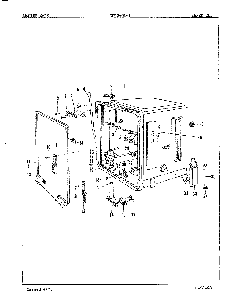TUB (INNER) Diagram and Parts List for CDU2404-1  Crosley Dishwasher