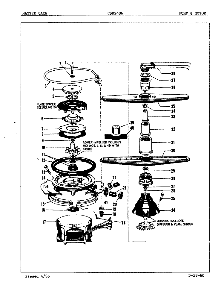 PUMP & MOTOR Diagram and Parts List for CDU2406  Crosley Dishwasher