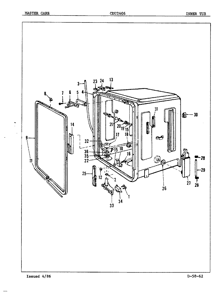 TUB (INNER) Diagram and Parts List for CDU2406  Crosley Dishwasher