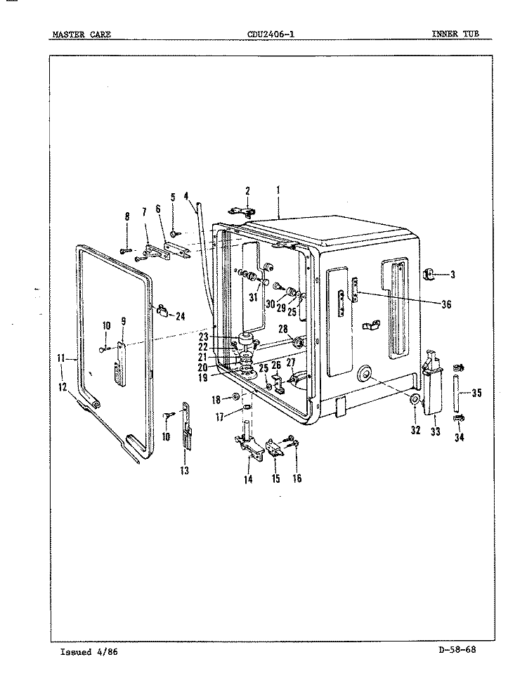TUB (INNER) Diagram and Parts List for CDU2406-1  Crosley Dishwasher