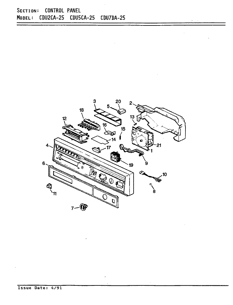 CONTROL PANEL Diagram and Parts List for CDU7DA-25  Crosley Dishwasher