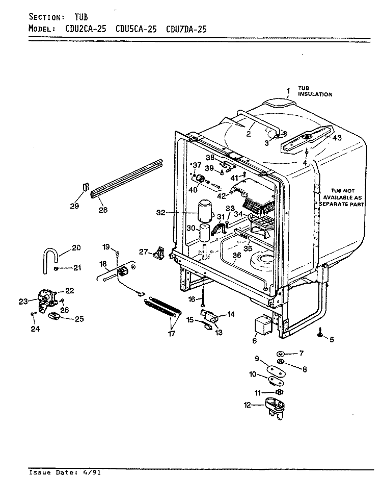 TUB Diagram and Parts List for CDU7DA-25  Crosley Dishwasher