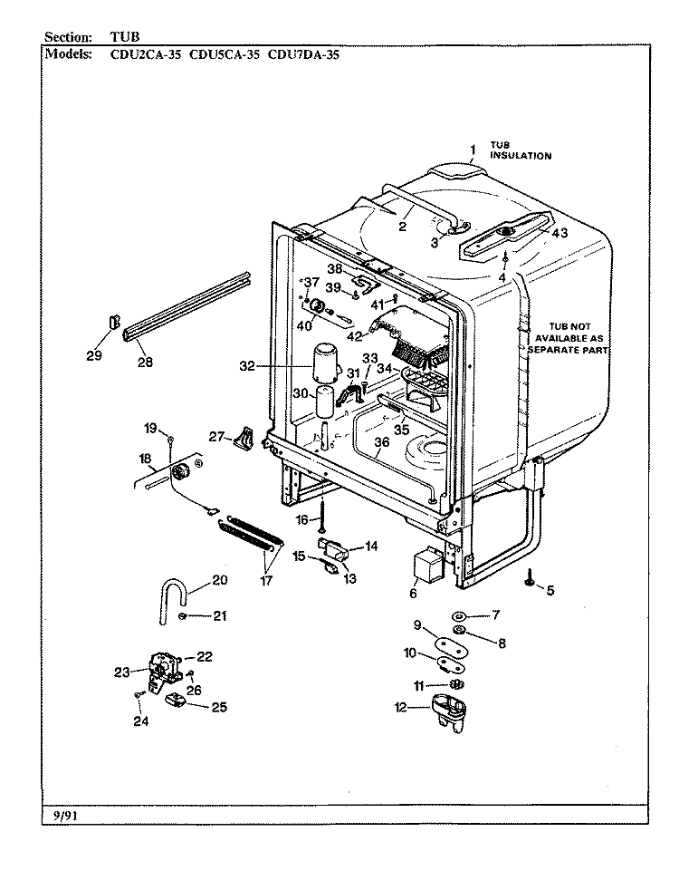 TUB Diagram and Parts List for CDU7DA-35  Crosley Dishwasher