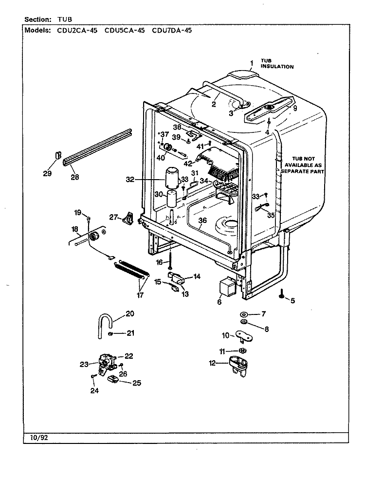 TUB Diagram and Parts List for CDU7DA-45  Crosley Dishwasher