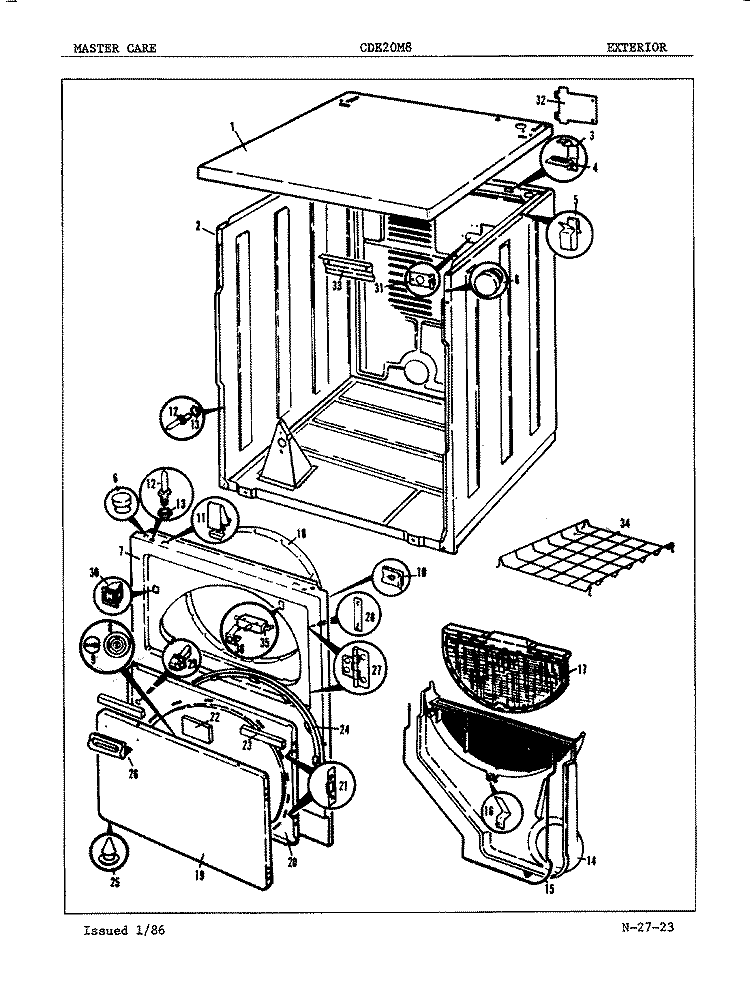 EXTERIOR (REV. E - F) Diagram and Parts List for CDE20M8  Crosley Dryer