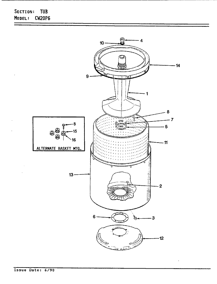 TUB (REV. E - H) Diagram and Parts List for CW20P6A  Crosley Washer