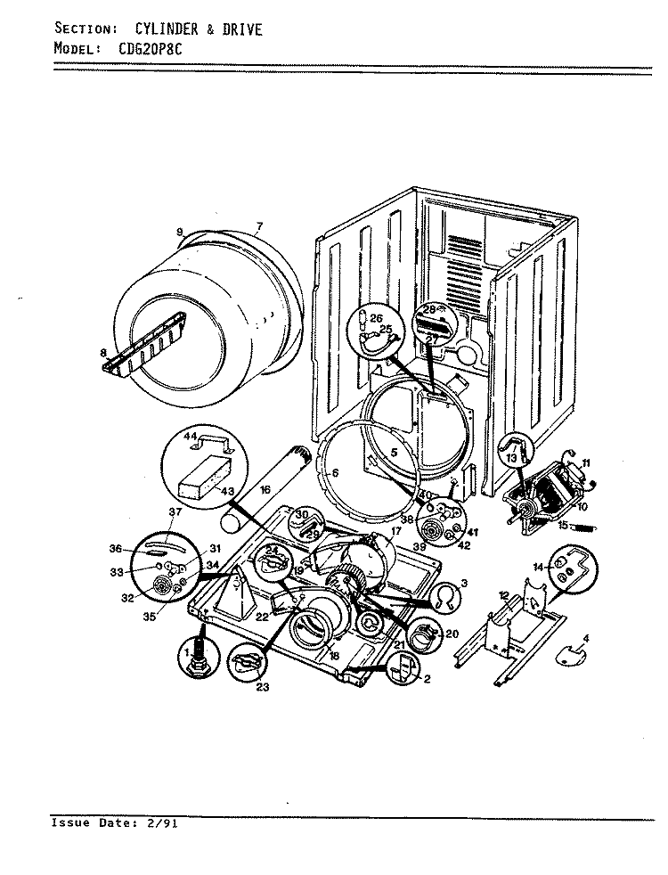 CYLINDER & DRIVE Diagram and Parts List for CDG20P8AC  Crosley Dryer