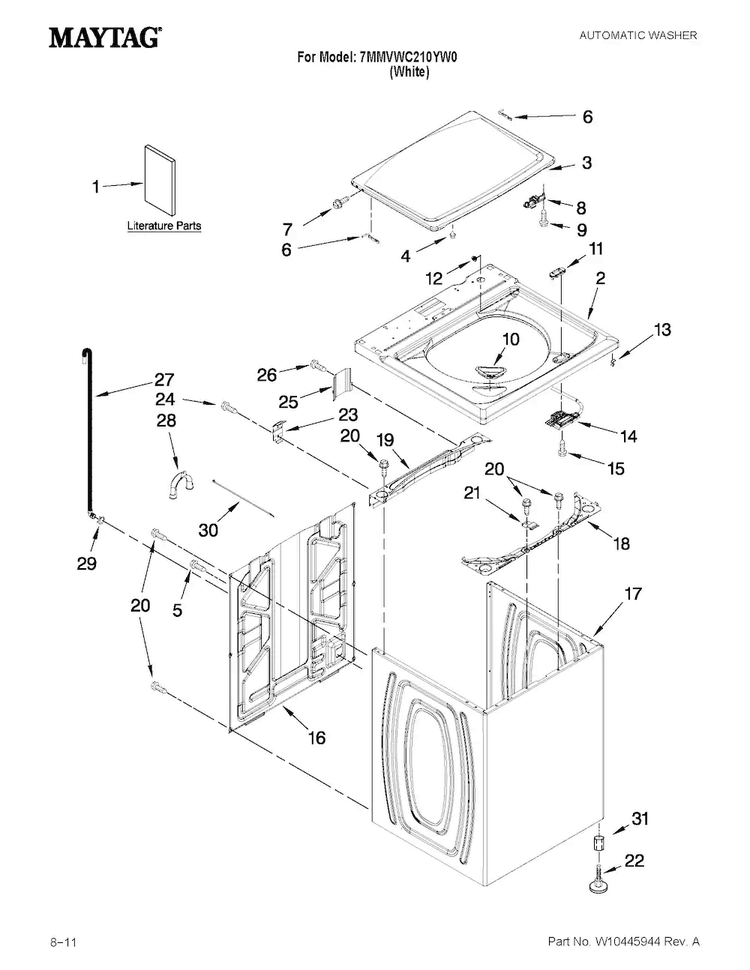 Top And Cabinet Parts Diagram and Parts List for 7MMVWC210YW0  Maytag Washer