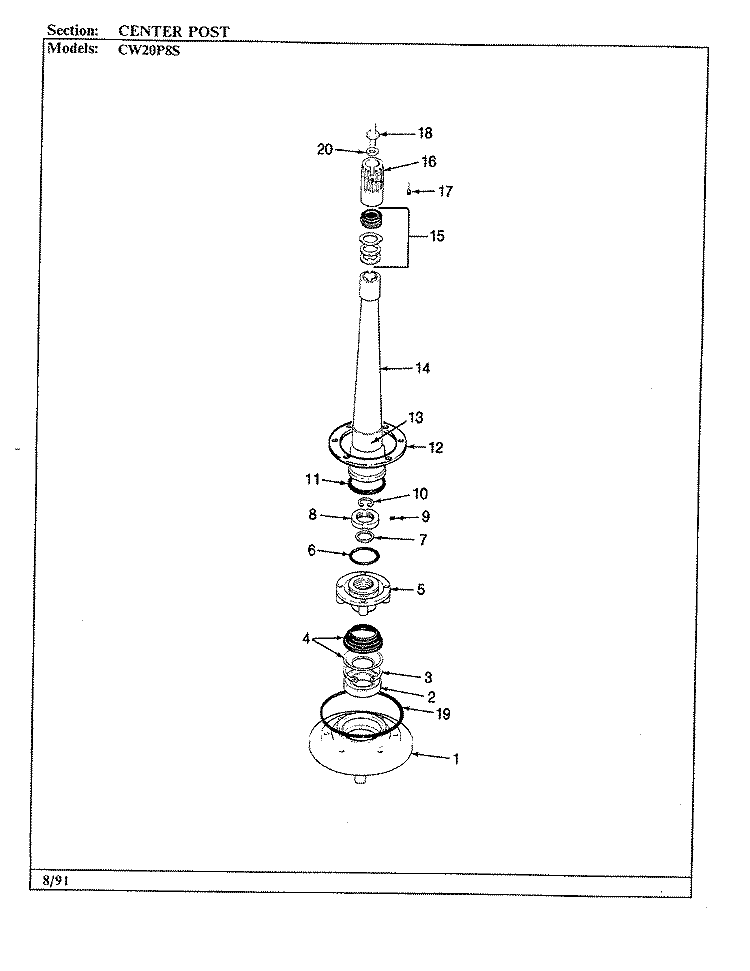CENTER POST (CW20P8xS) (ORIGINAL) Diagram and Parts List for CW20P8AS  Crosley Washer