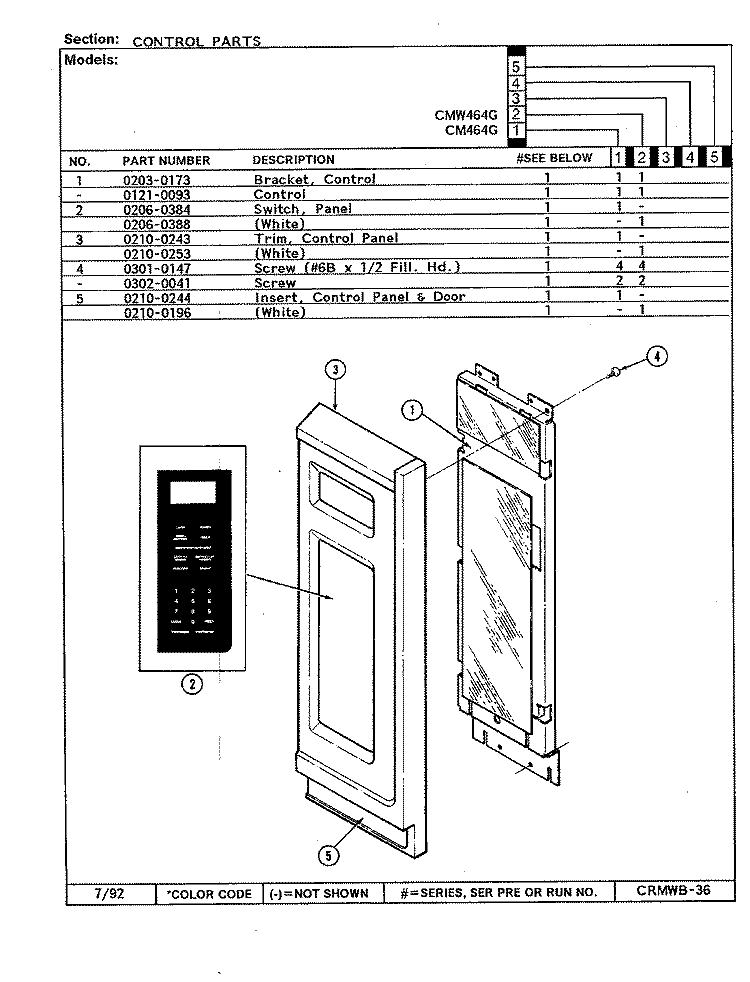 CONTROL PANEL Diagram and Parts List for CM464G  Crosley Microwave