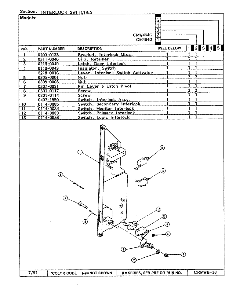 INTERLOCK SWITCHES Diagram and Parts List for CM464G  Crosley Microwave