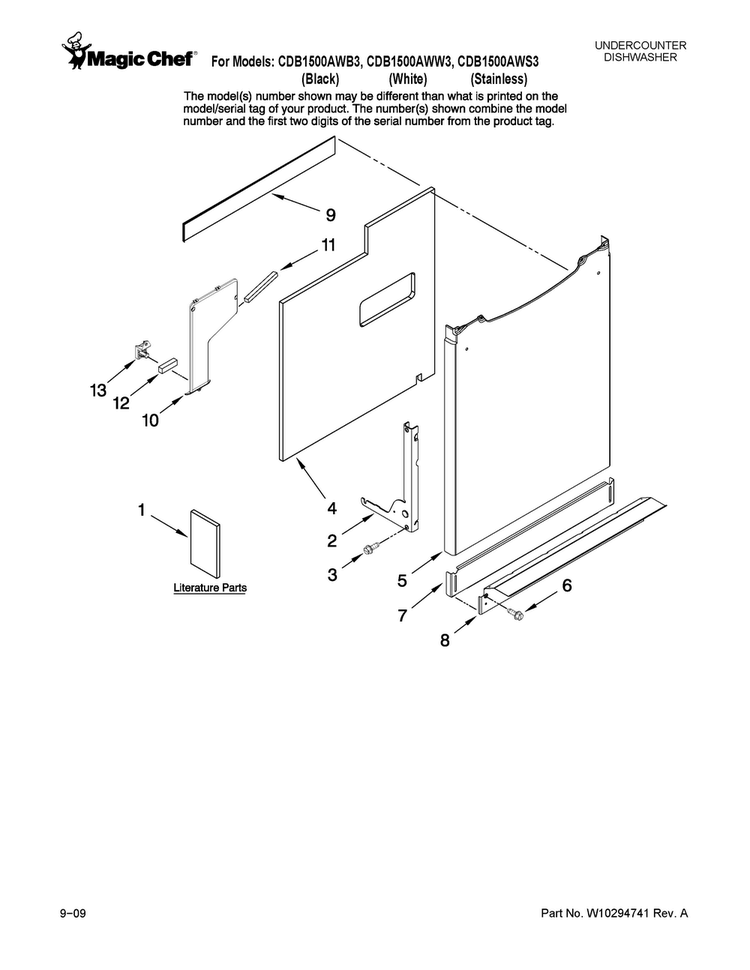 Door And Panel Parts Diagram and Parts List for CDB1500AWB3  Magic Chef Dishwasher