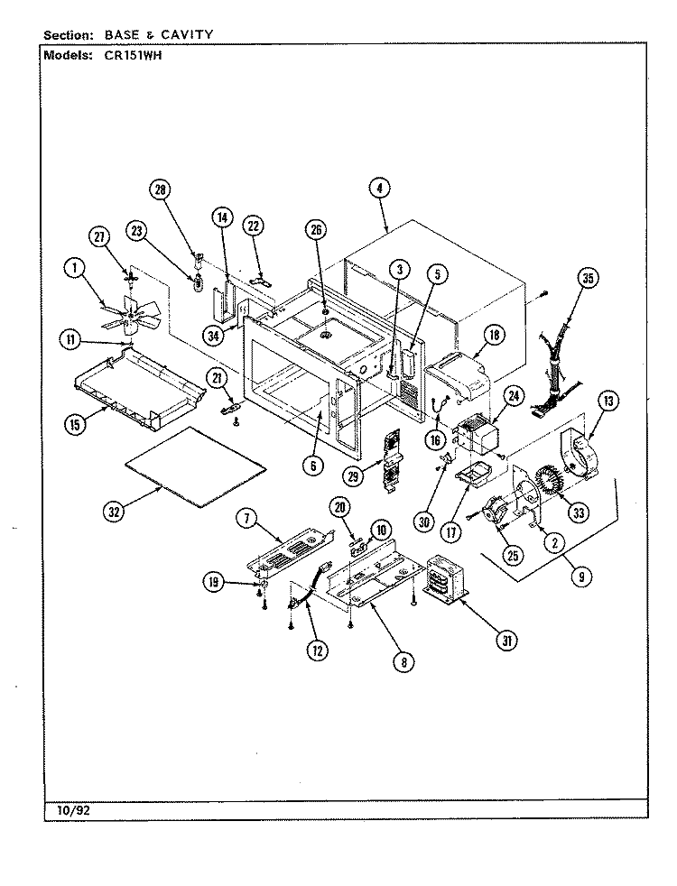BASE & CAVITY Diagram and Parts List for CR151WH  Crosley Microwave