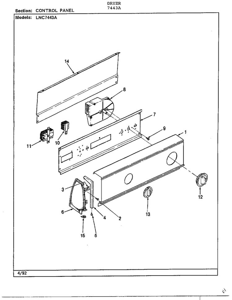 Control Panel Diagram and Parts List for 7443A  Norge Dryer