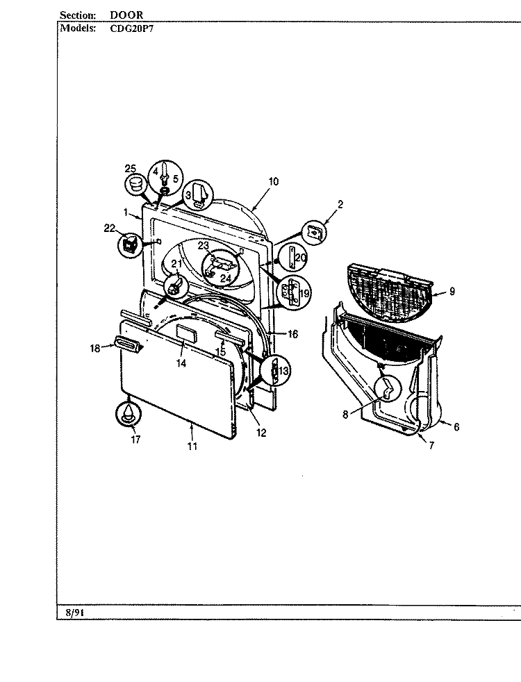 DOOR Diagram and Parts List for CDG20P7W  Crosley Dryer