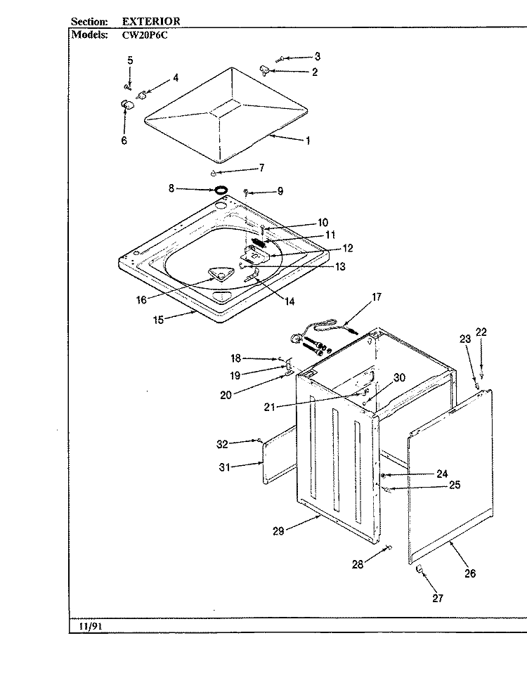 EXTERIOR Diagram and Parts List for CW20P6WC  Crosley Washer