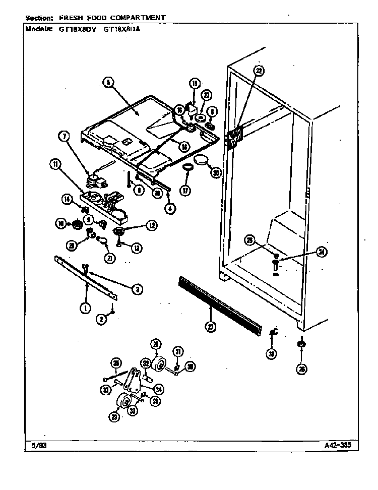 Fresh Food Compartment Diagram and Parts List for GT18X8DV DC45A Maytag Refrigerator