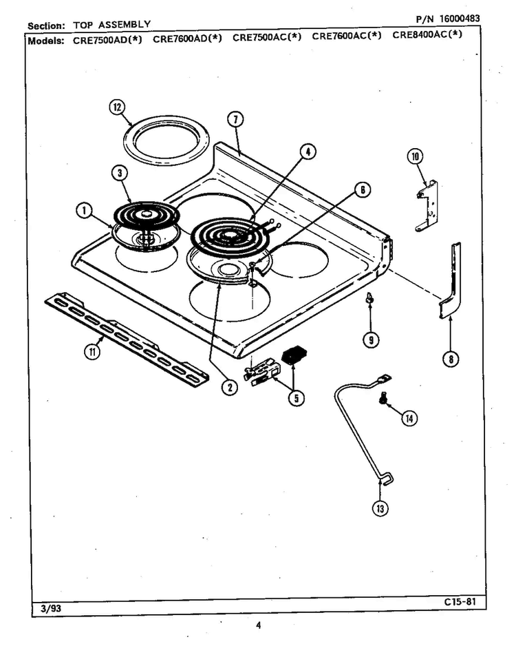 Top Assembly Diagram and Parts List for CRE7500ADA  Maytag Range
