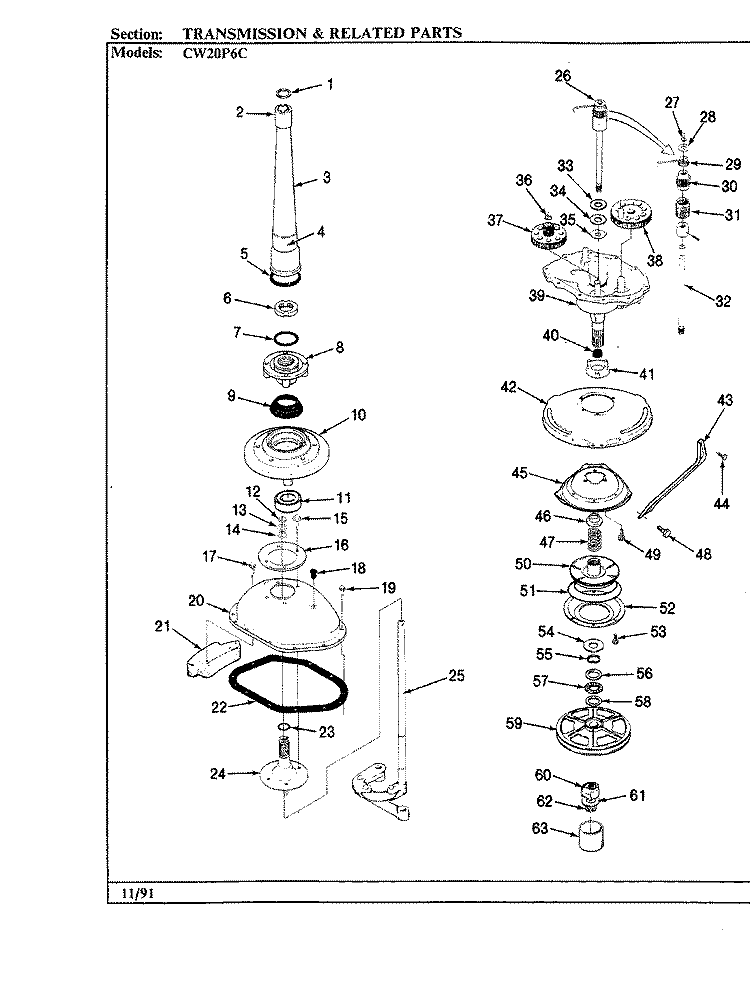 TRANSMISSION Diagram and Parts List for CW20P6AC  Crosley Washer
