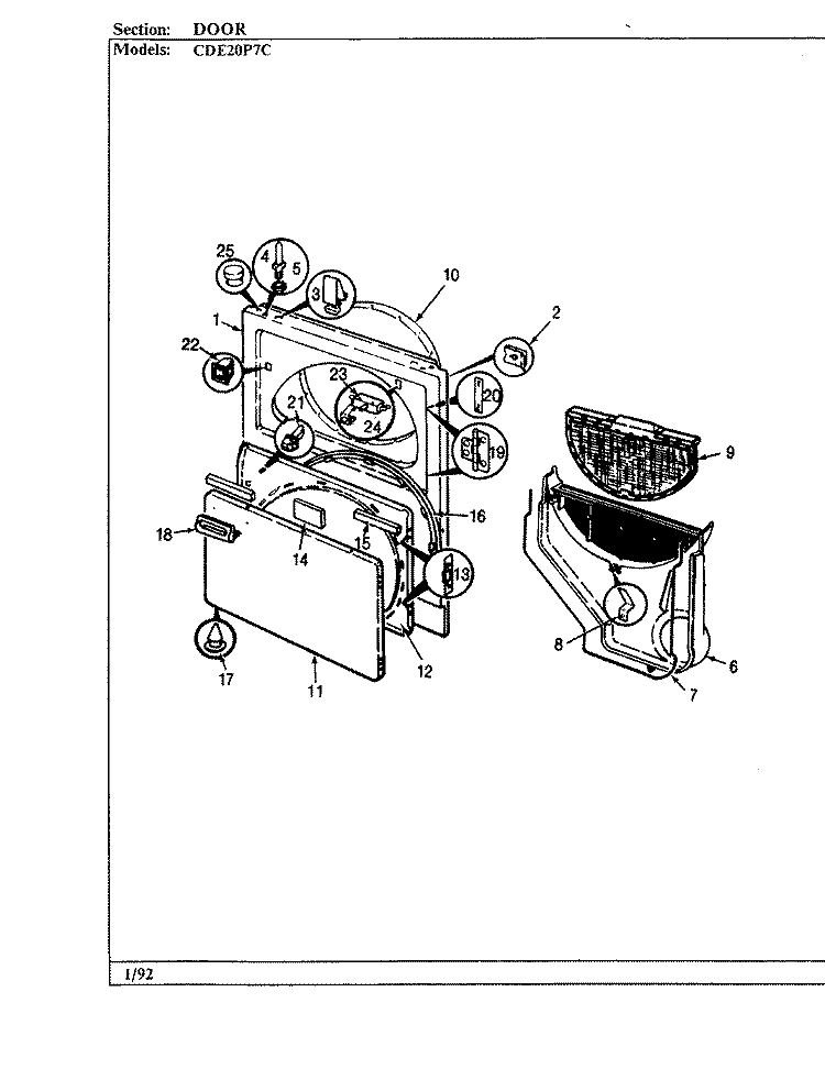 DOOR Diagram and Parts List for CDE20P7WC  Crosley Dryer
