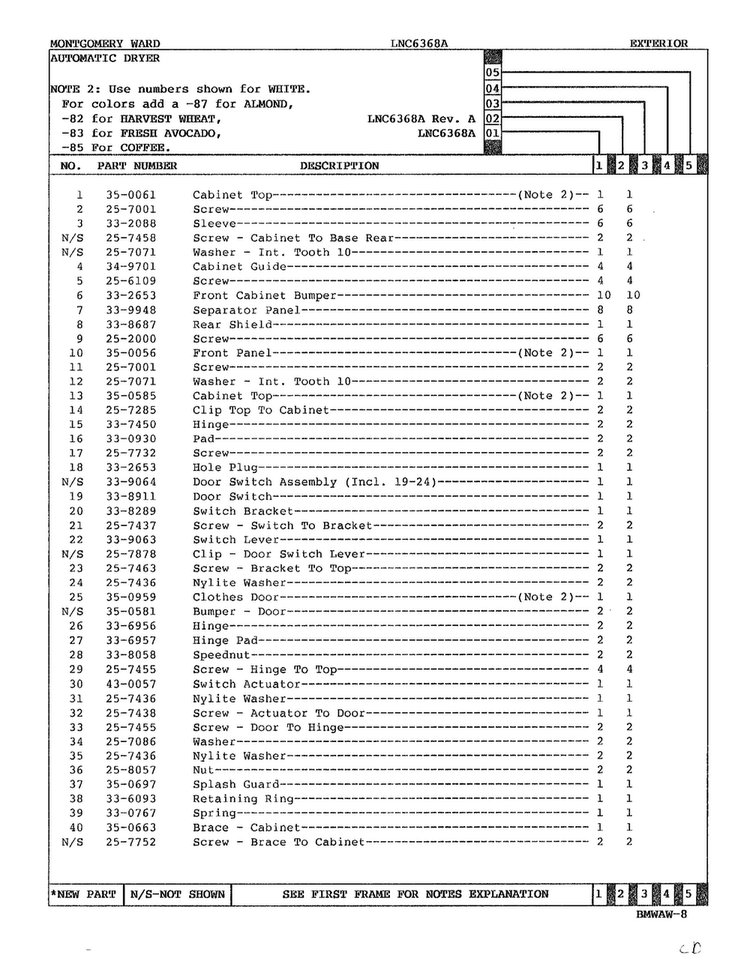 Exterior Page 2 Diagram and Parts List for 6368A REV A Norge Washer